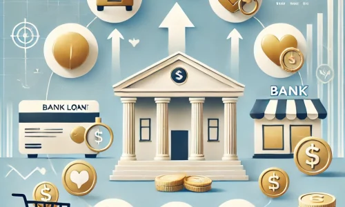 DALL·E 2024-10-25 17.17.03 - An informative banner image representing various types of bank loans, with symbols of a house, car, wedding rings, shopping cart, gold coins, and a ba