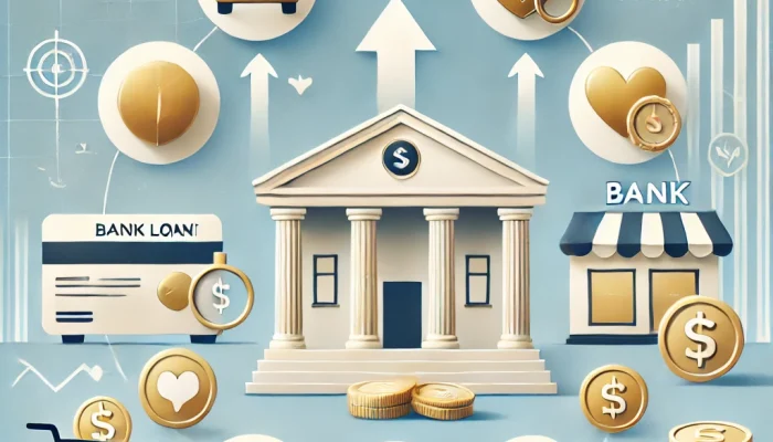 DALL·E 2024-10-25 17.17.03 - An informative banner image representing various types of bank loans, with symbols of a house, car, wedding rings, shopping cart, gold coins, and a ba