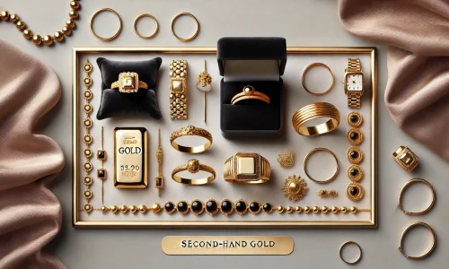DALL·E 2025-01-07 14.39.58 - A rectangular banner image for an article about second-hand gold pricing. The image features elegant gold jewelry, including rings and bracelets, disp