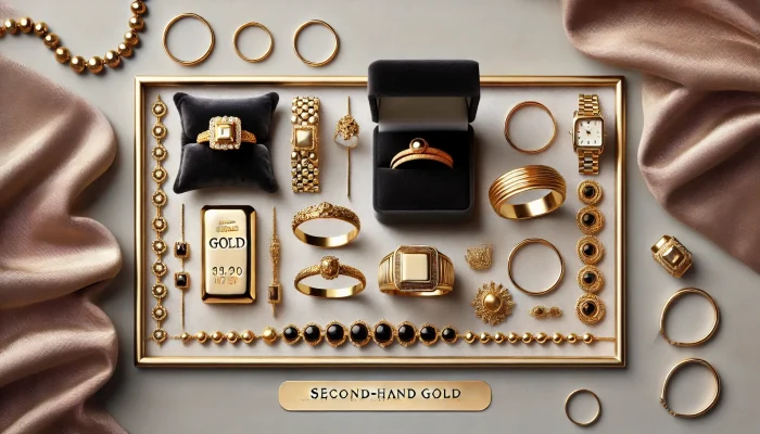 DALL·E 2025-01-07 14.39.58 - A rectangular banner image for an article about second-hand gold pricing. The image features elegant gold jewelry, including rings and bracelets, disp